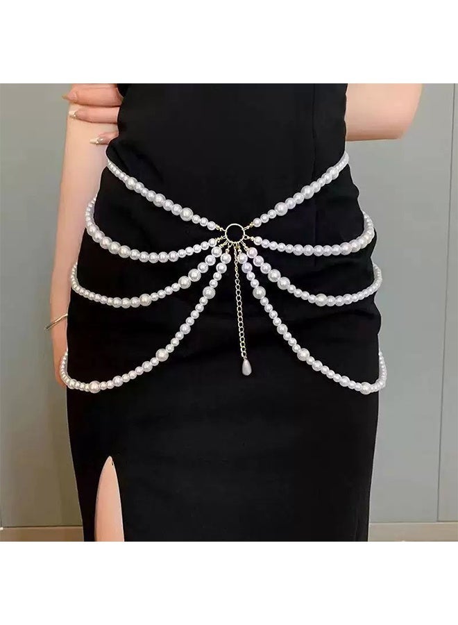 Multi Layered Long Metal Big Pearl Waist Chain Belt Trendy Pearl Waistband White Pearl Tassel Hip Belly Body Chain Festival Rave Waist Belt Sweater Dress Pearl Belt for Women (Gold) - Image 2